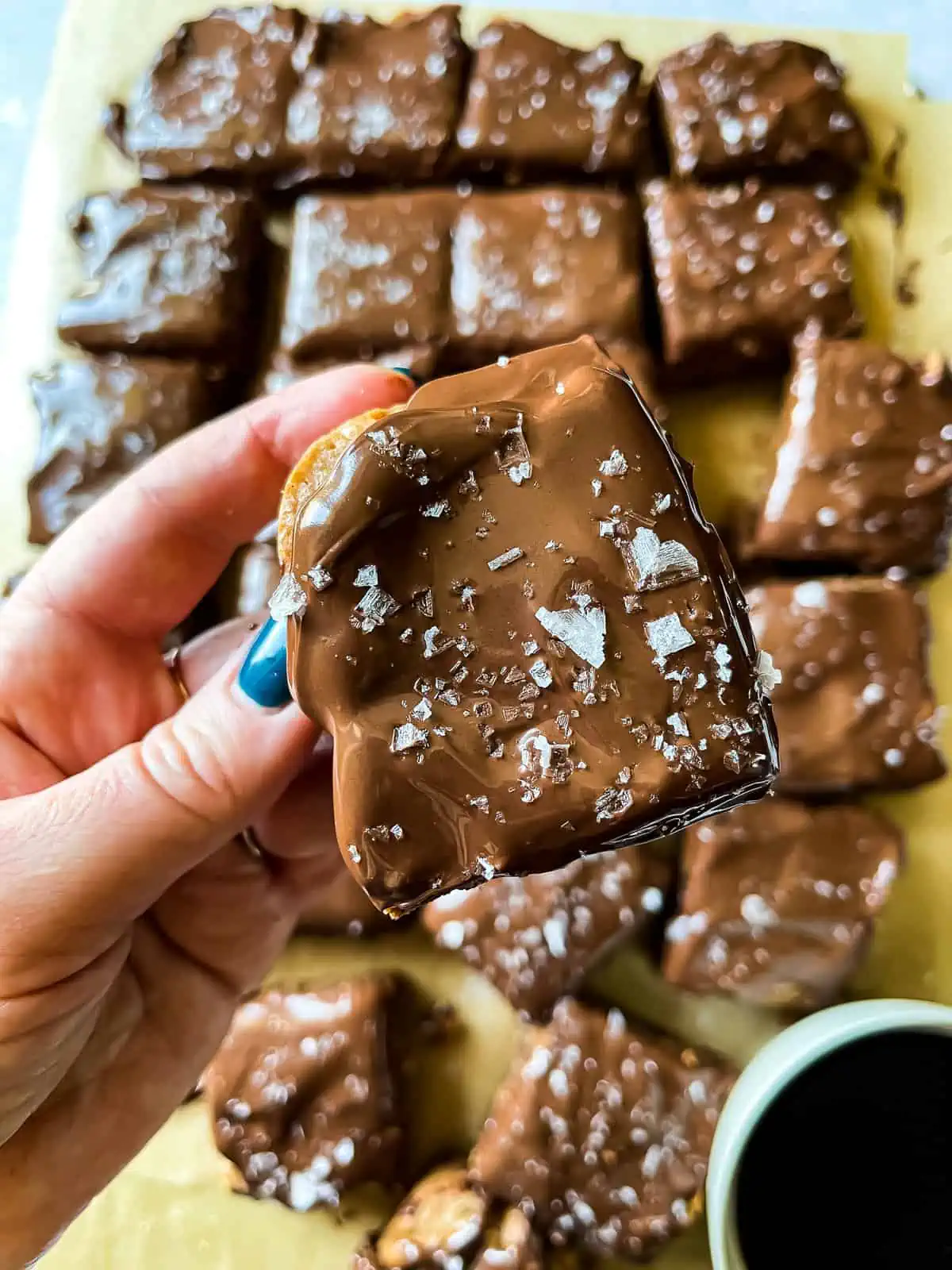 close up of a salted chocolate peanut butter brownie bar
