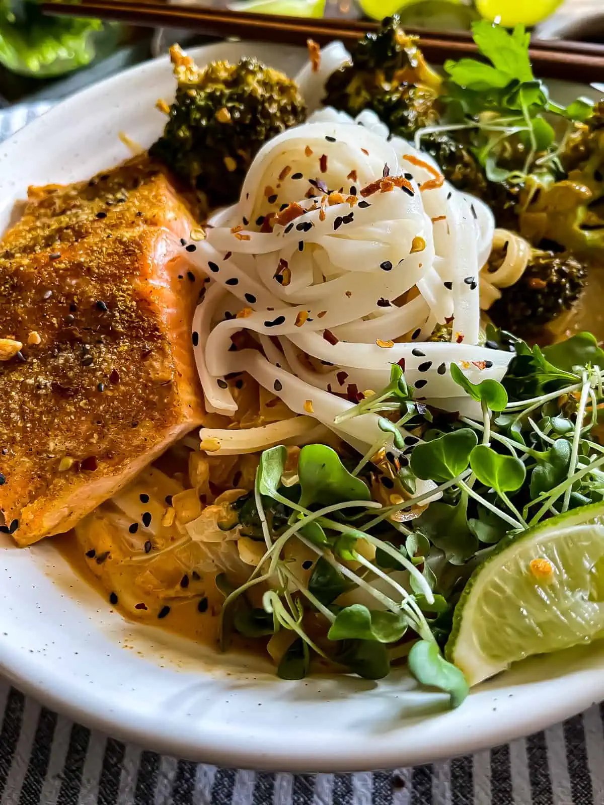 coconut curry with salmon and rice noodles