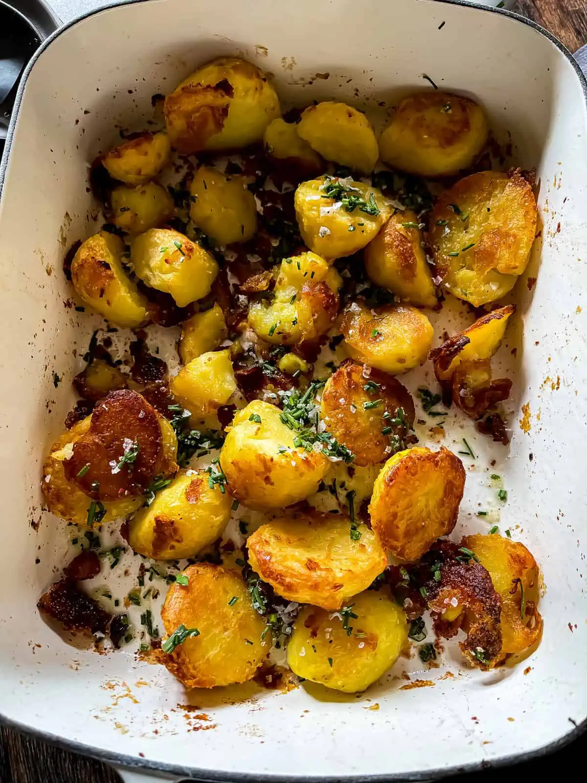 crispy potatoes in a roasting dish
